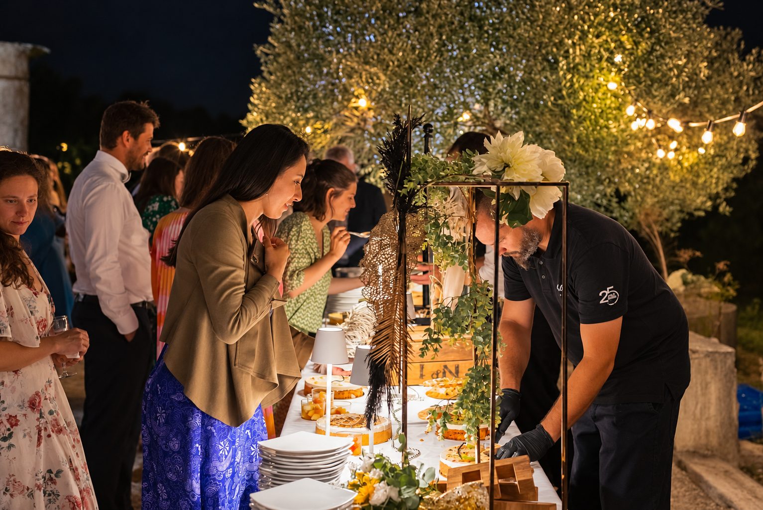 Invités autour d’un buffet en extérieur sous les guirlandes