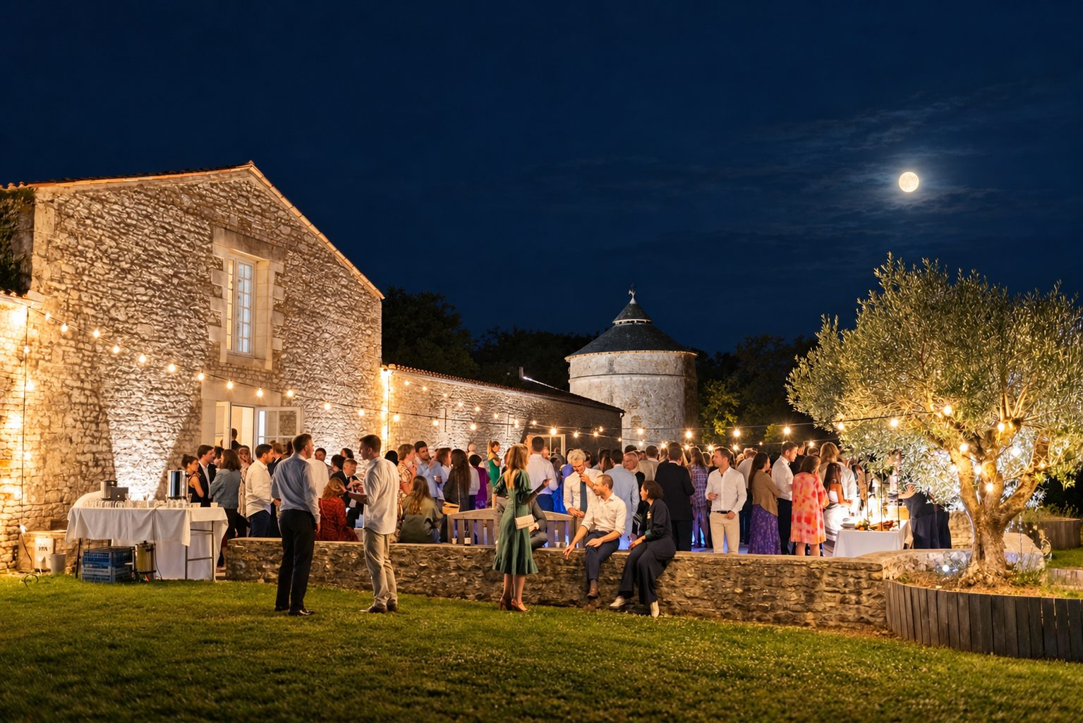 Réception de mariage en extérieur devant une façade en pierre illuminée