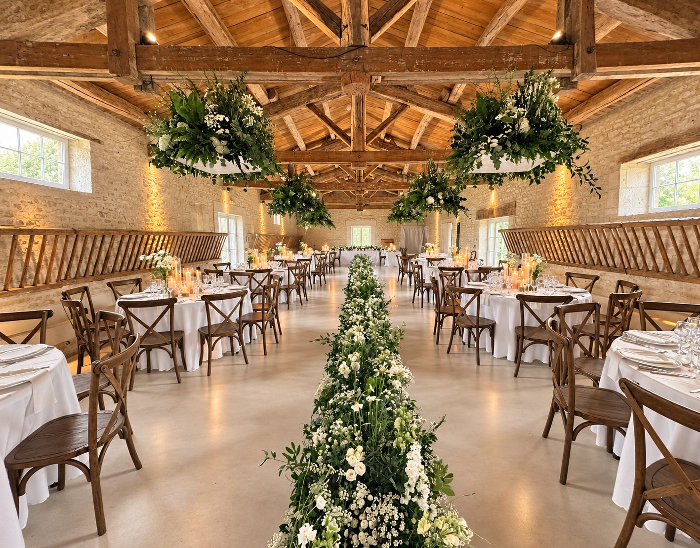 Salle de mariage sous une charpente en bois avec suspensions végétales