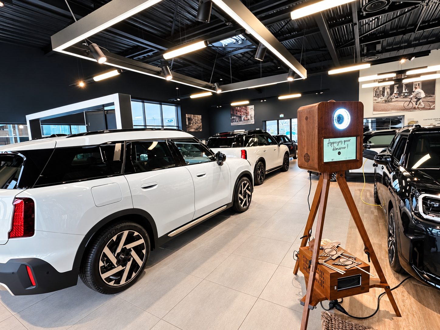 Augustin, photobooth en bois brun installé dans une concession automobile