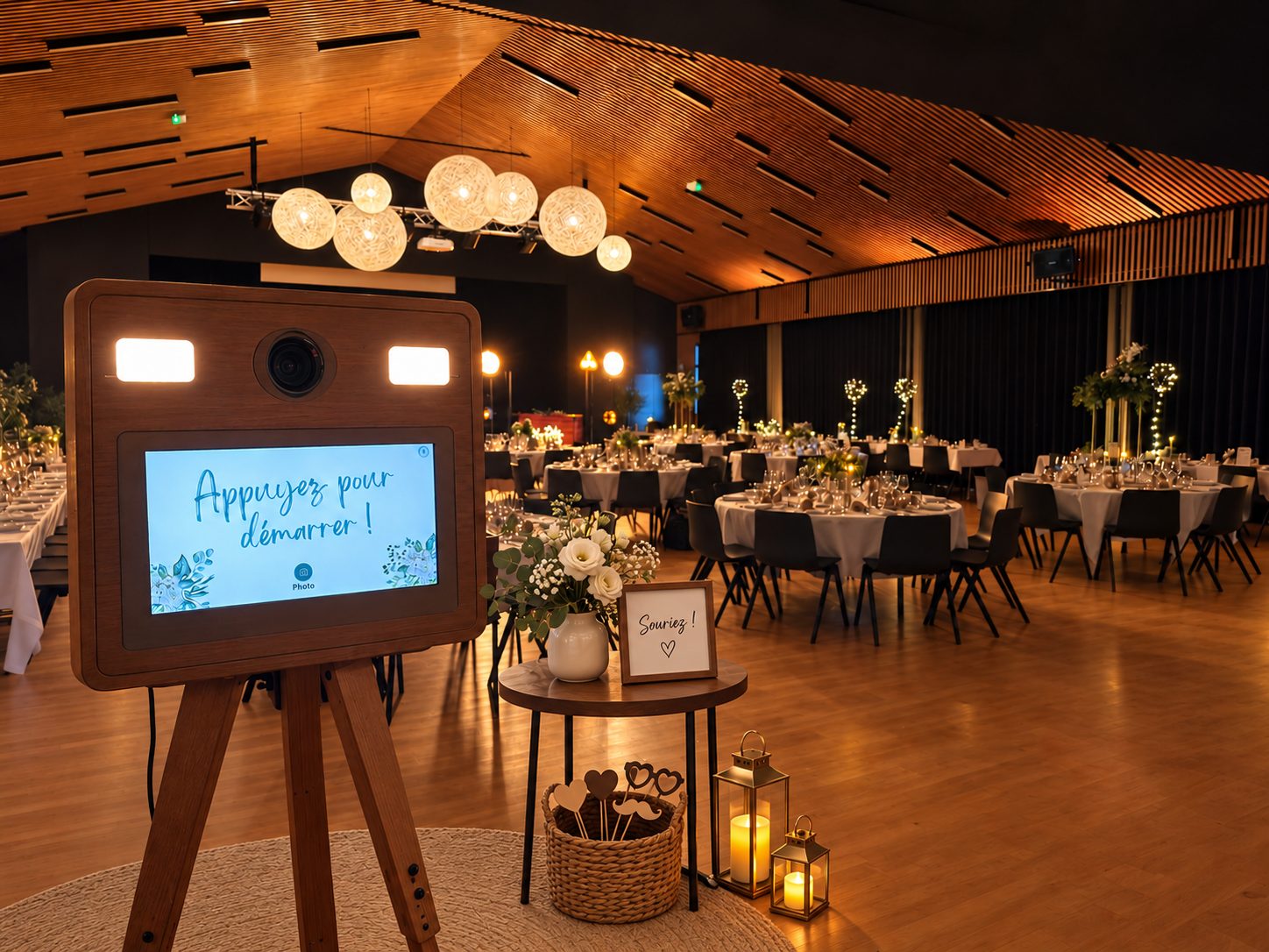 Borne photo en bois dans une salle de réception avec lanternes et fleurs