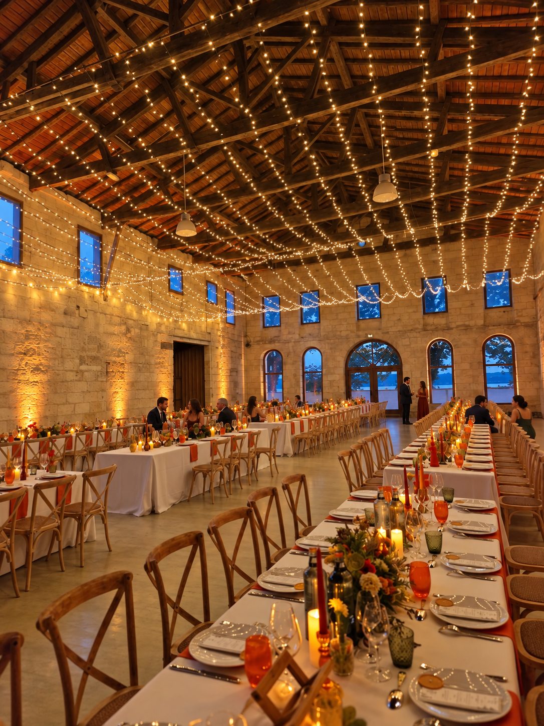 Tables de réception sous un ciel de guirlandes dans une salle en pierre